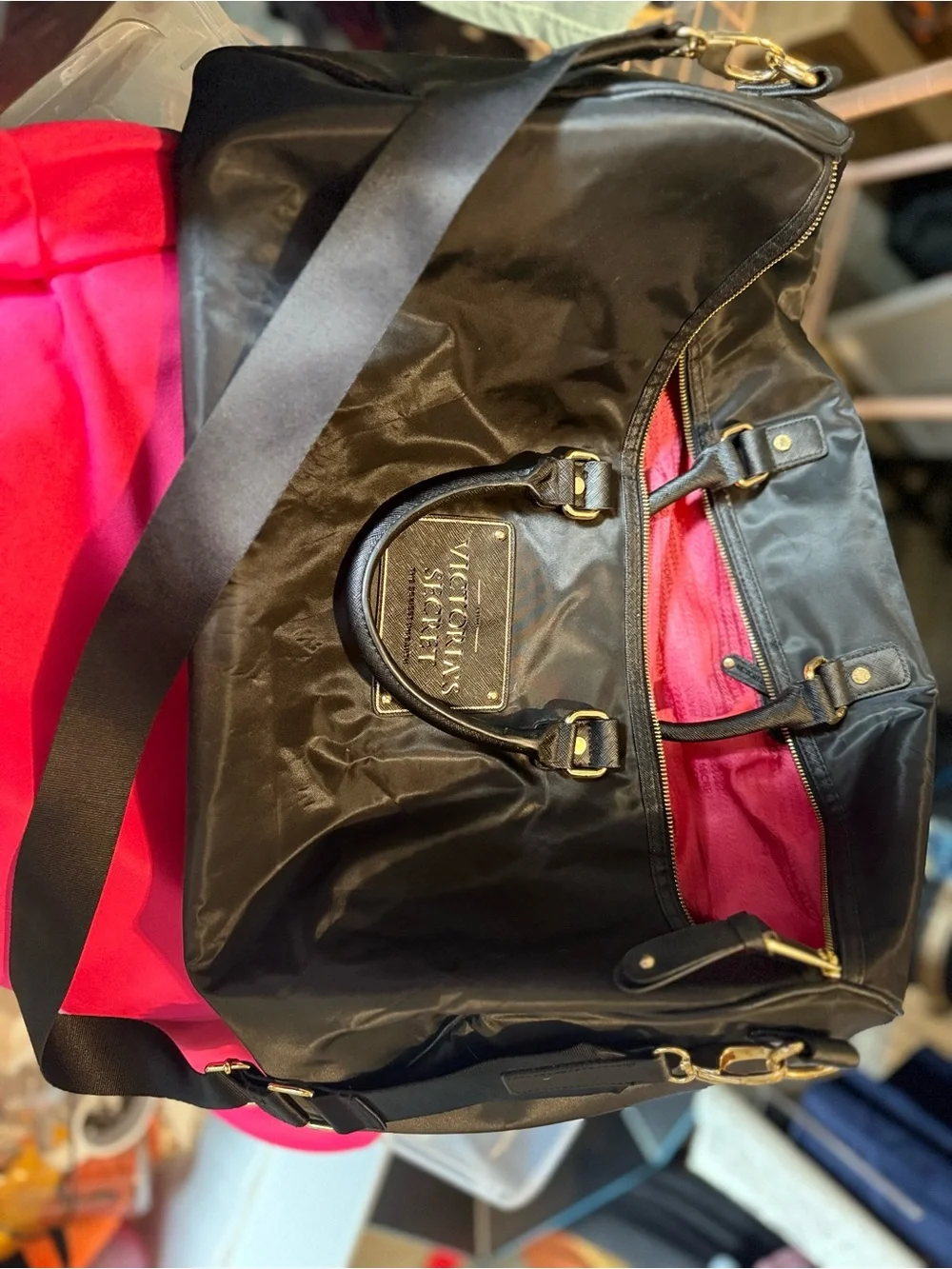 Victoria's Secret Black Weekender Duffel Bag with Pink Lining